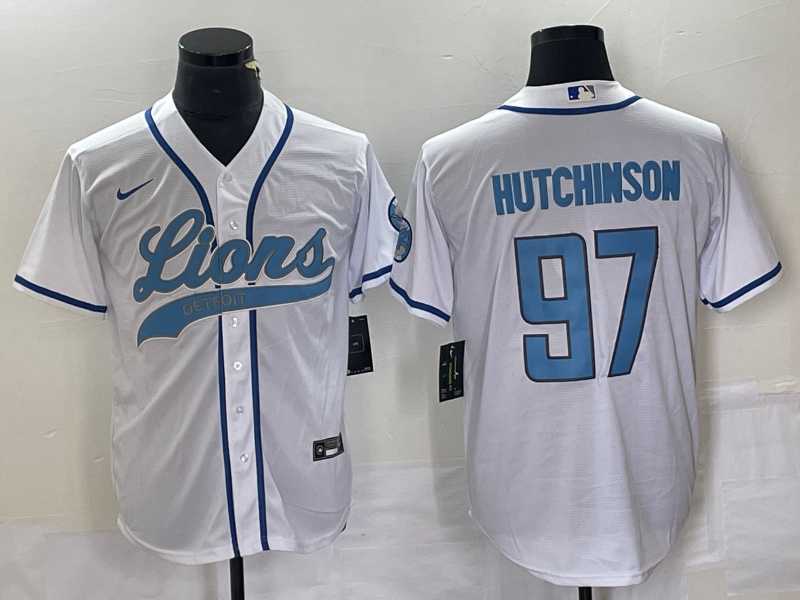 Men%27s Detroit Lions #97 Aidan Hutchinson White With Patch Cool Base Stitched Baseball Jersey